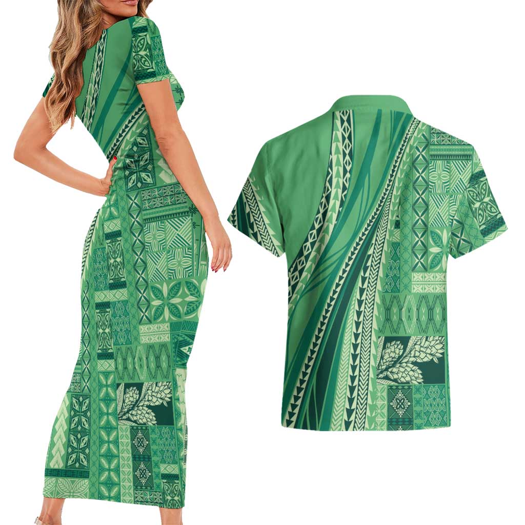Pasifika Women's Day - Samoa Siapo Malu Tattoo Inspired Couples Matching Short Sleeve Bodycon Dress and Hawaiian Shirt Jade