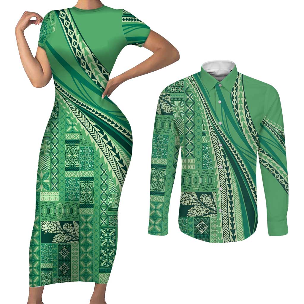 Pasifika Women's Day - Samoa Siapo Malu Tattoo Inspired Couples Matching Short Sleeve Bodycon Dress and Long Sleeve Button Shirt Jade LT7 Jade - Polynesian Pride