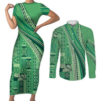 Pasifika Women's Day - Samoa Siapo Malu Tattoo Inspired Couples Matching Short Sleeve Bodycon Dress and Long Sleeve Button Shirt Jade LT7 Jade - Polynesian Pride