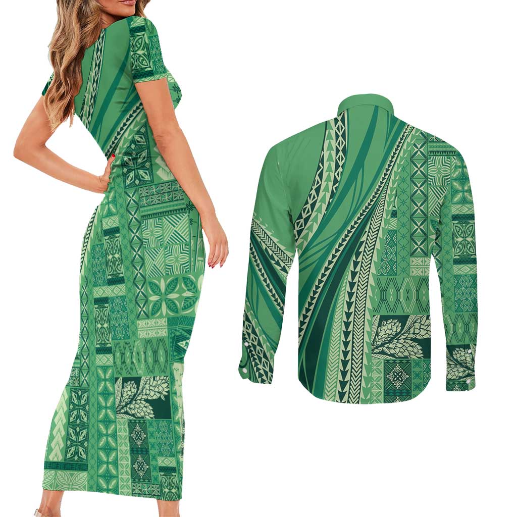 Pasifika Women's Day - Samoa Siapo Malu Tattoo Inspired Couples Matching Short Sleeve Bodycon Dress and Long Sleeve Button Shirt Jade LT7 - Polynesian Pride