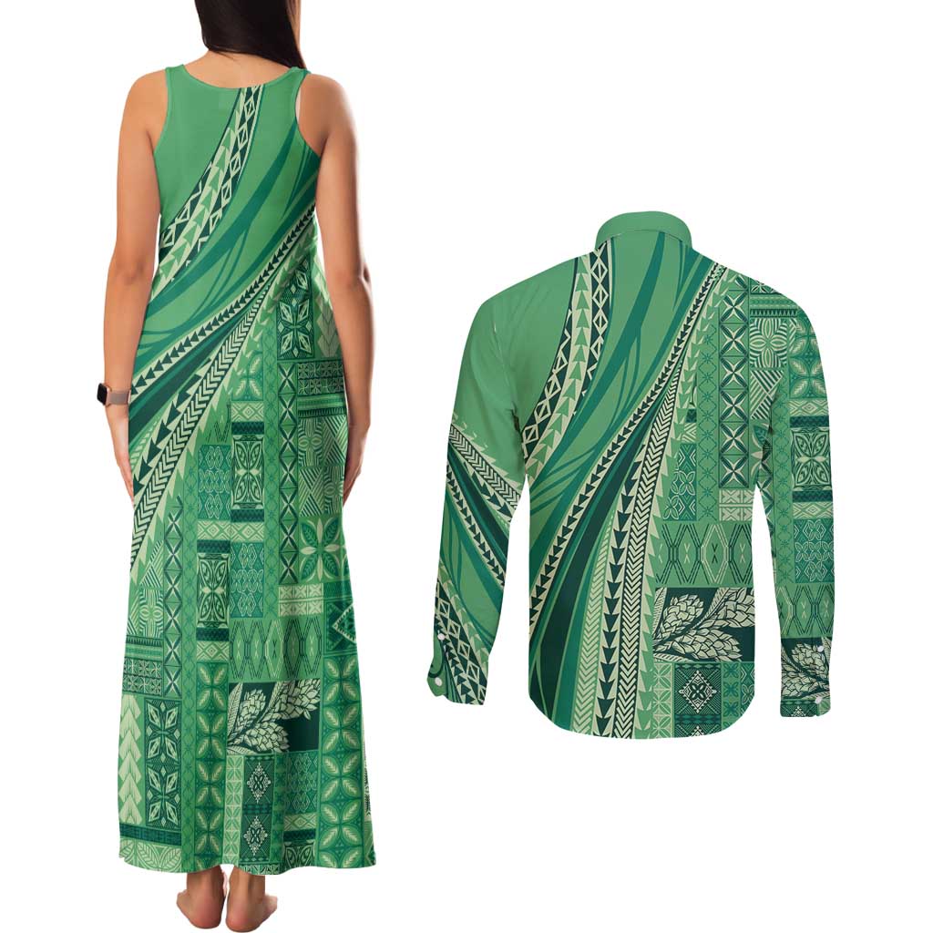 Pasifika Women's Day - Samoa Siapo Malu Tattoo Inspired Couples Matching Tank Maxi Dress and Long Sleeve Button Shirt Jade