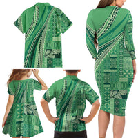 Pasifika Women's Day - Samoa Siapo Malu Tattoo Inspired Family Matching Long Sleeve Bodycon Dress and Hawaiian Shirt Jade