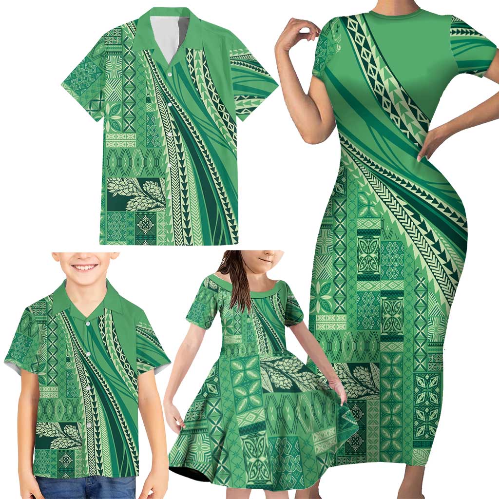 Pasifika Women's Day - Samoa Siapo Malu Tattoo Inspired Family Matching Short Sleeve Bodycon Dress and Hawaiian Shirt Jade