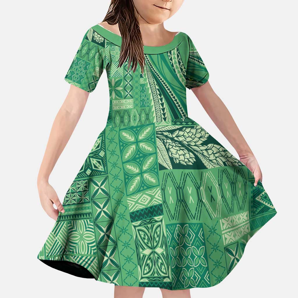 Pasifika Women's Day - Samoa Siapo Malu Tattoo Inspired Family Matching Summer Maxi Dress and Hawaiian Shirt Jade LT7 Daughter's Dress Jade - Polynesian Pride