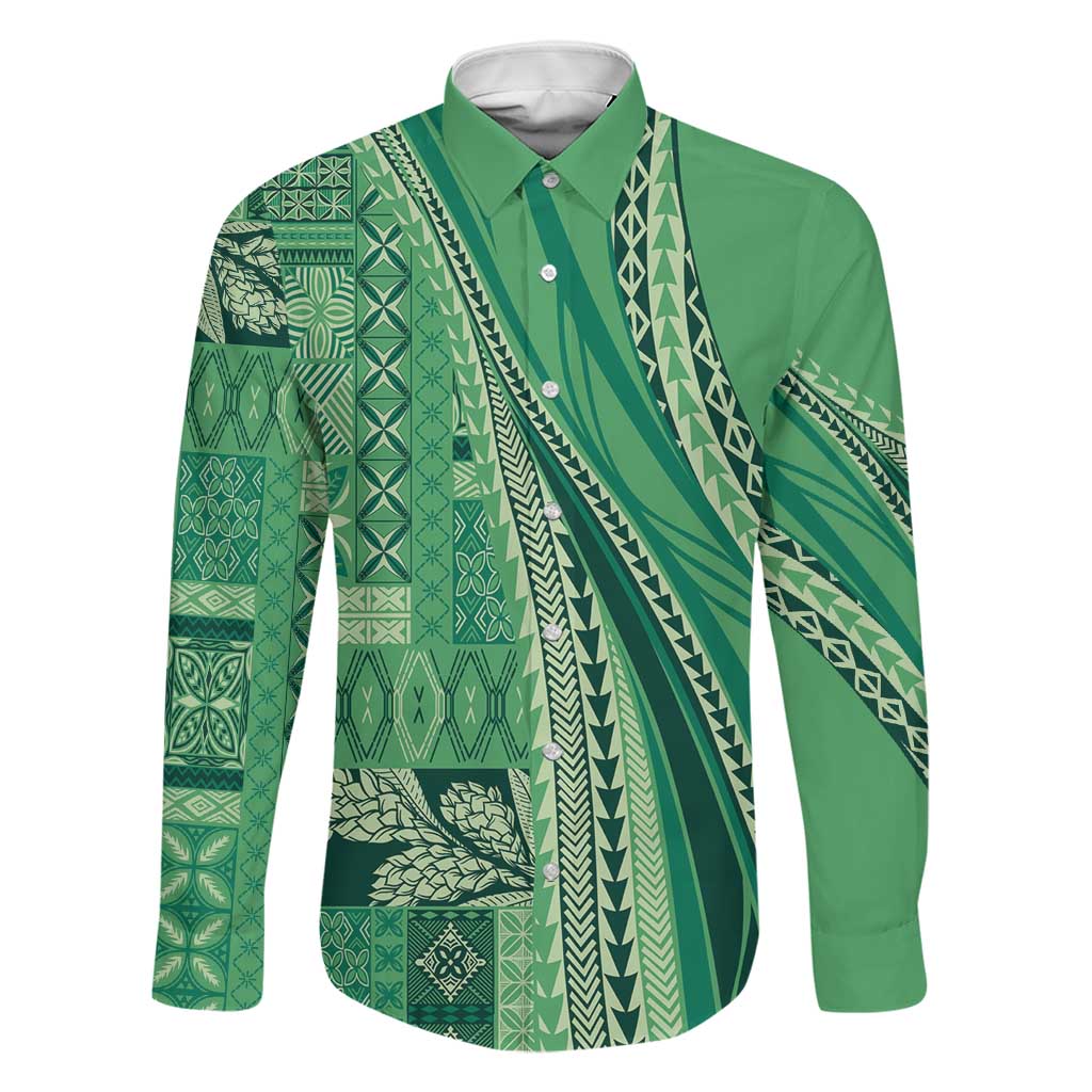 Pasifika Women's Day - Samoa Siapo Malu Tattoo Inspired Family Matching Summer Maxi Dress and Hawaiian Shirt Jade LT7 Dad's Shirt - Long Sleeve Jade - Polynesian Pride