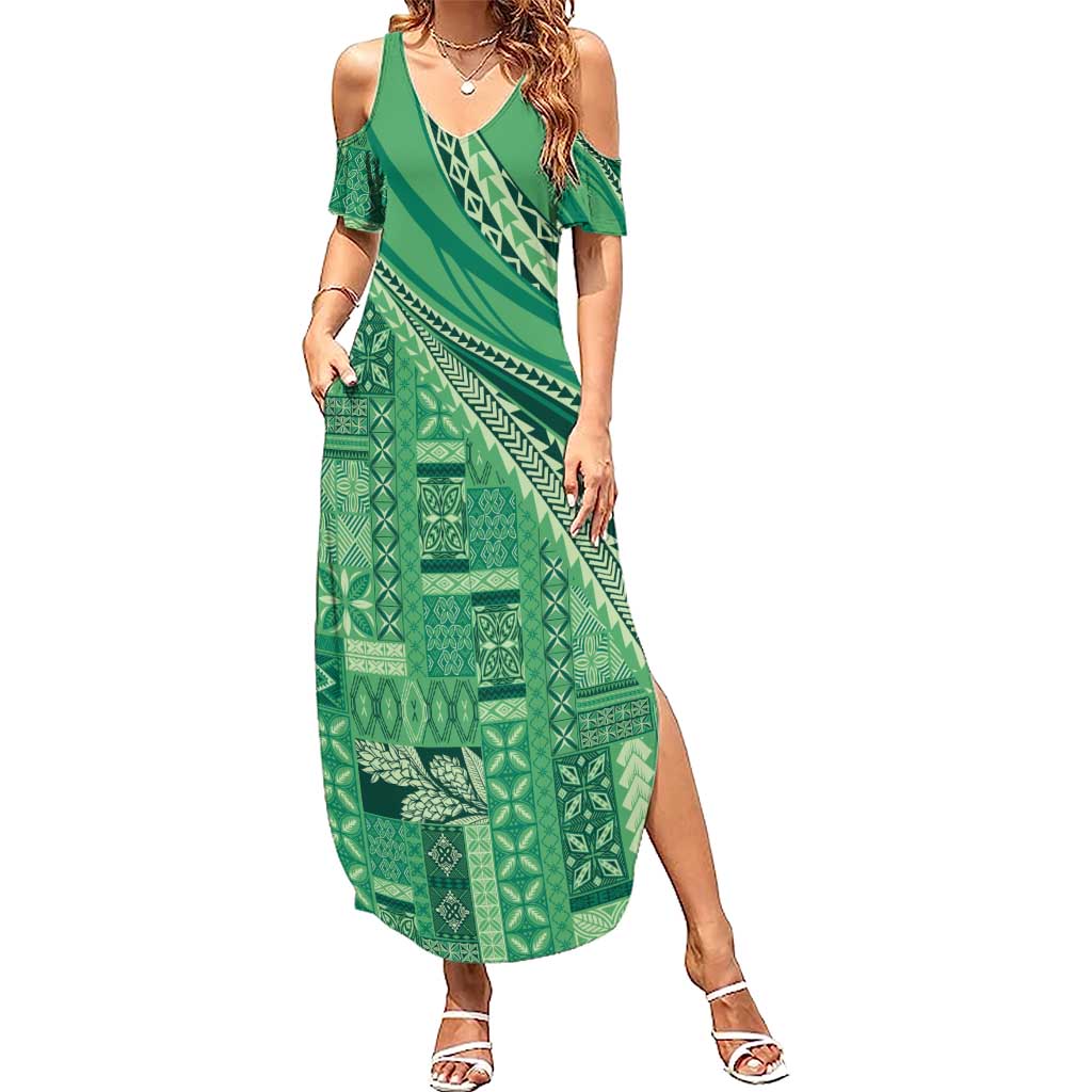 Pasifika Women's Day - Samoa Siapo Malu Tattoo Inspired Family Matching Summer Maxi Dress and Hawaiian Shirt Jade LT7 Mom's Dress Jade - Polynesian Pride