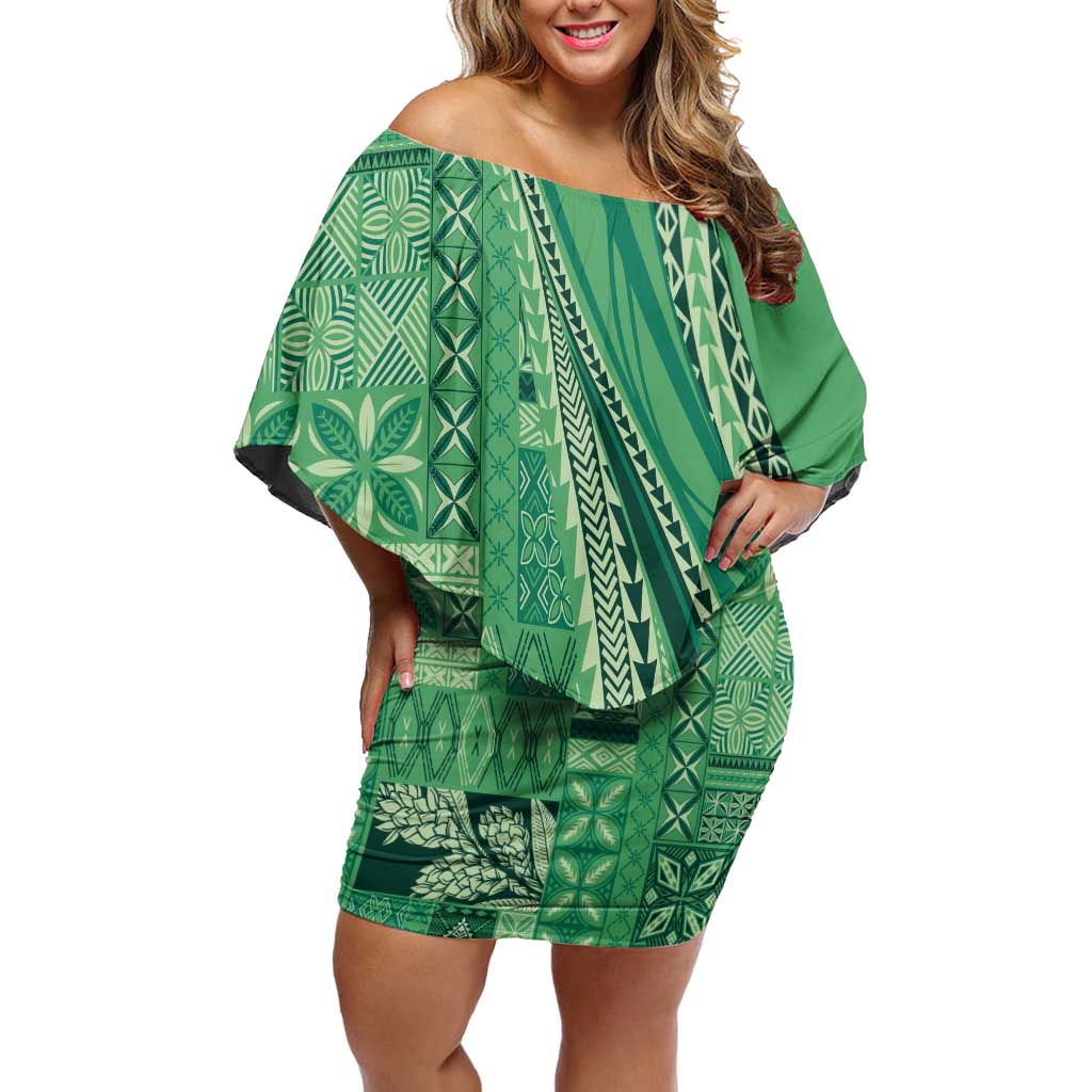 Pasifika Women's Day - Samoa Siapo Malu Tattoo Inspired Off Shoulder Short Dress Jade LT7 Women Jade - Polynesian Pride