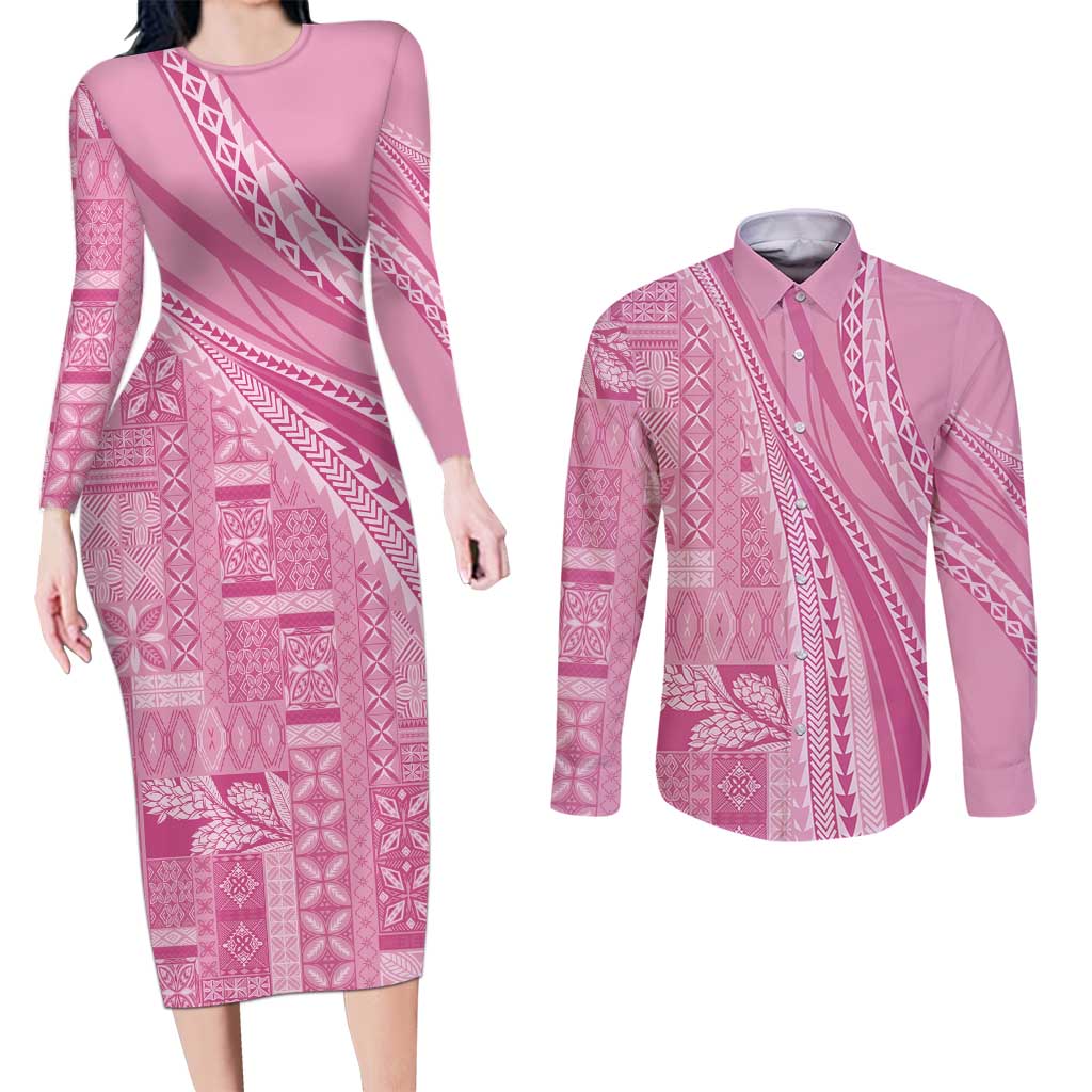 Pasifika Women's Day - Samoa Siapo Malu Tattoo Inspired Couples Matching Long Sleeve Bodycon Dress and Long Sleeve Button Shirt Pink LT7 Pink - Polynesian Pride