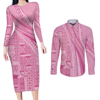 Pasifika Women's Day - Samoa Siapo Malu Tattoo Inspired Couples Matching Long Sleeve Bodycon Dress and Long Sleeve Button Shirt Pink LT7 Pink - Polynesian Pride
