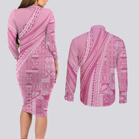 Pasifika Women's Day - Samoa Siapo Malu Tattoo Inspired Couples Matching Long Sleeve Bodycon Dress and Long Sleeve Button Shirt Pink LT7 - Polynesian Pride