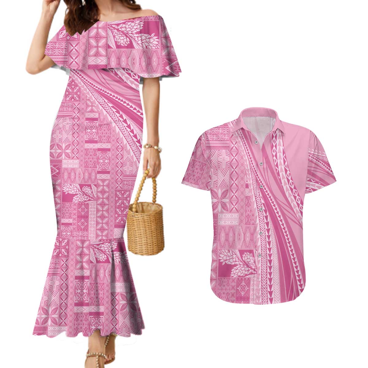 Pasifika Women's Day - Samoa Siapo Malu Tattoo Inspired Couples Matching Mermaid Dress and Hawaiian Shirt Pink