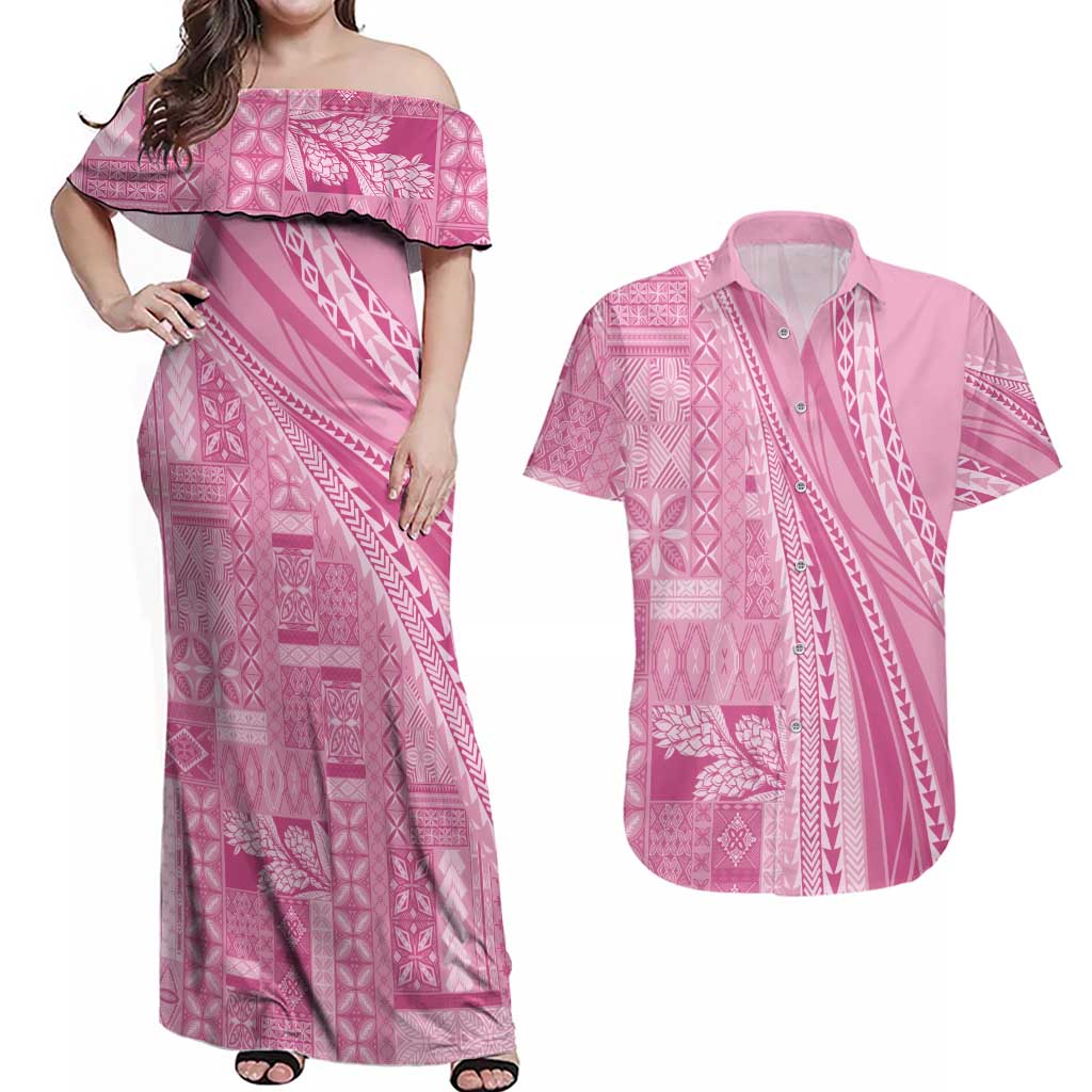 Pasifika Women's Day - Samoa Siapo Malu Tattoo Inspired Couples Matching Off Shoulder Maxi Dress and Hawaiian Shirt Pink LT7 Pink - Polynesian Pride