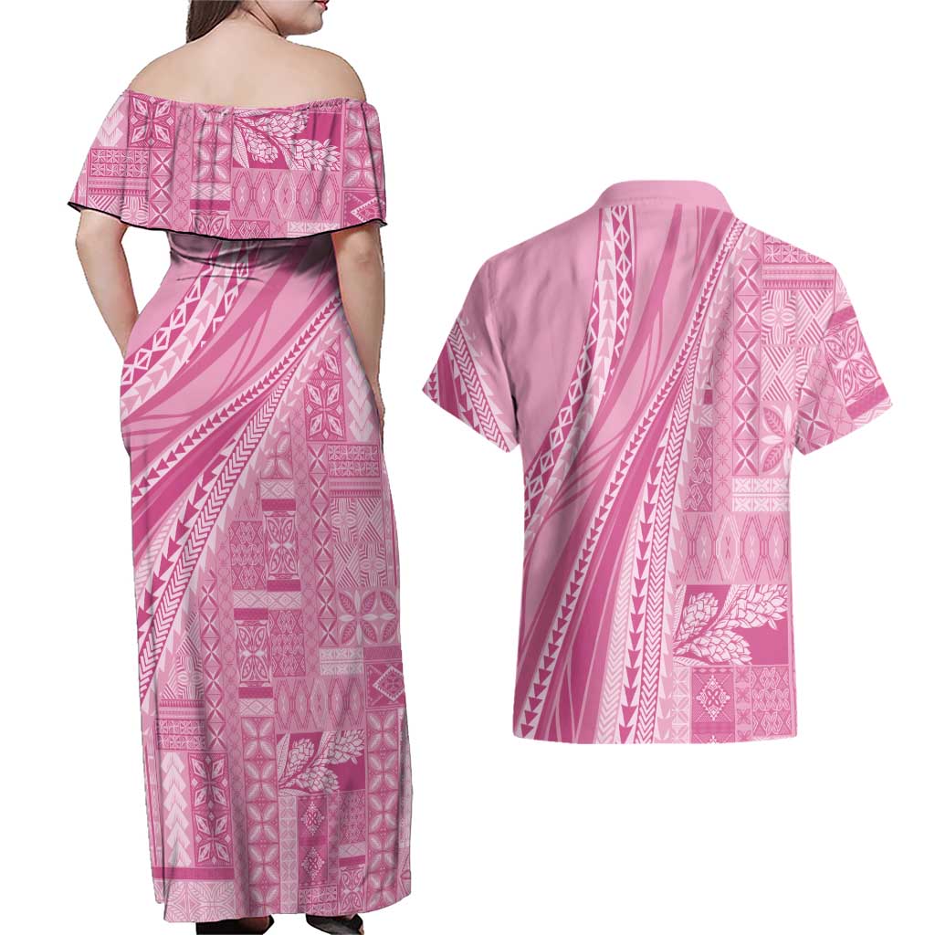 Pasifika Women's Day - Samoa Siapo Malu Tattoo Inspired Couples Matching Off Shoulder Maxi Dress and Hawaiian Shirt Pink LT7 - Polynesian Pride