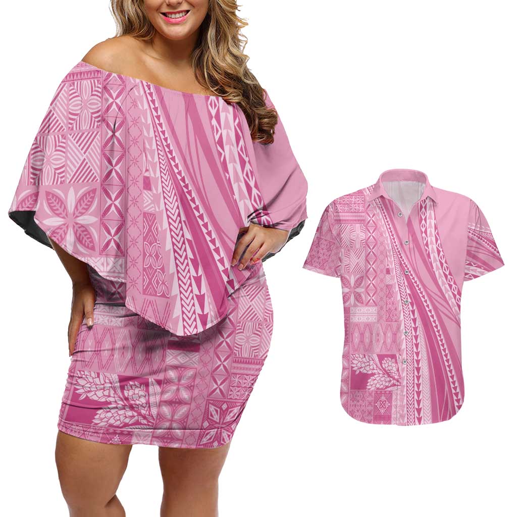 Pasifika Women's Day - Samoa Siapo Malu Tattoo Inspired Couples Matching Off Shoulder Short Dress and Hawaiian Shirt Pink LT7 Pink - Polynesian Pride