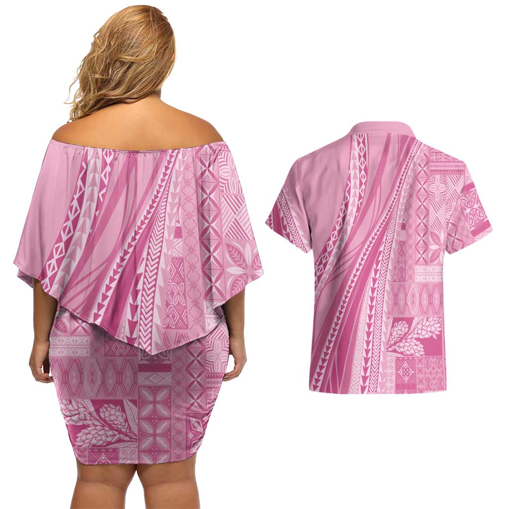Pasifika Women's Day - Samoa Siapo Malu Tattoo Inspired Couples Matching Off Shoulder Short Dress and Hawaiian Shirt Pink LT7 - Polynesian Pride