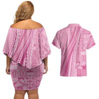 Pasifika Women's Day - Samoa Siapo Malu Tattoo Inspired Couples Matching Off Shoulder Short Dress and Hawaiian Shirt Pink LT7 - Polynesian Pride