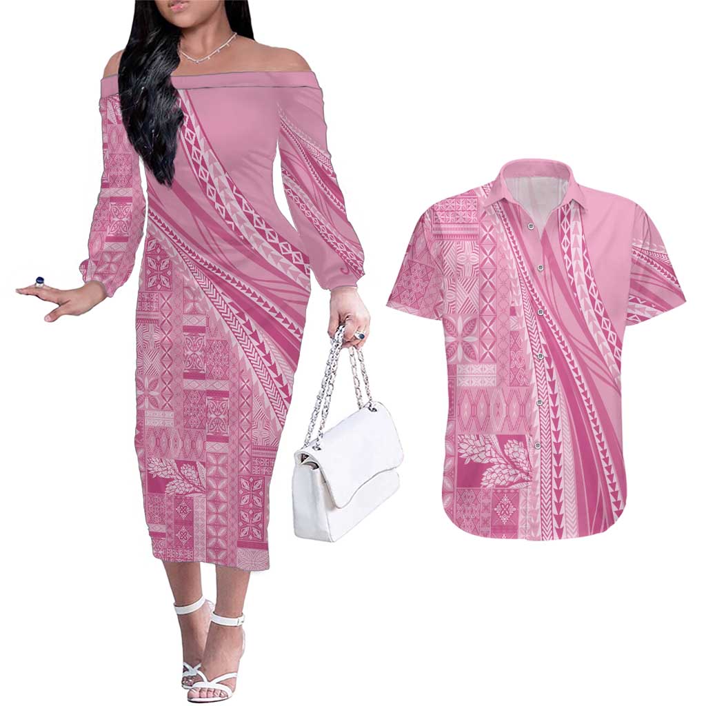 Pasifika Women's Day - Samoa Siapo Malu Tattoo Inspired Couples Matching Off The Shoulder Long Sleeve Dress and Hawaiian Shirt Pink
