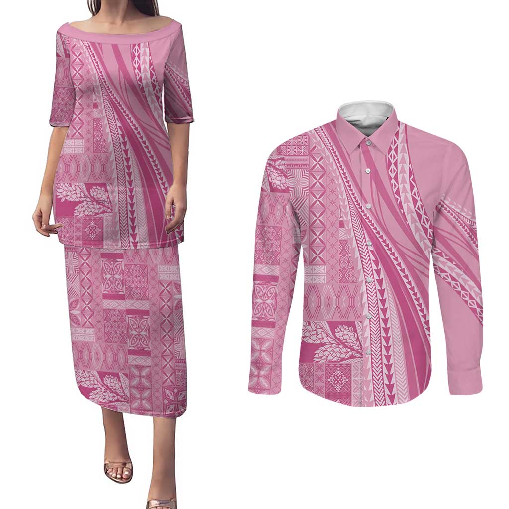 Pasifika Women's Day - Samoa Siapo Malu Tattoo Inspired Couples Matching Puletasi and Long Sleeve Button Shirt Pink