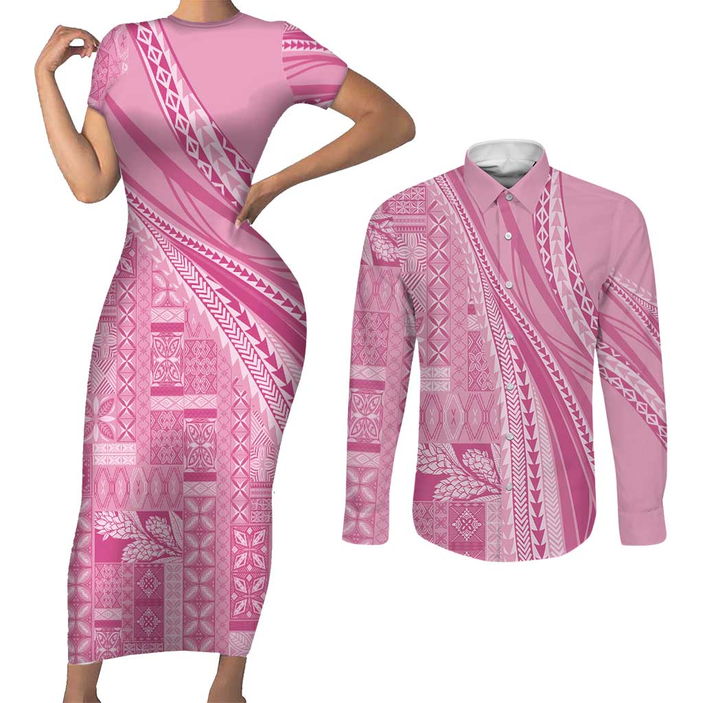 Pasifika Women's Day - Samoa Siapo Malu Tattoo Inspired Couples Matching Short Sleeve Bodycon Dress and Long Sleeve Button Shirt Pink LT7 Pink - Polynesian Pride