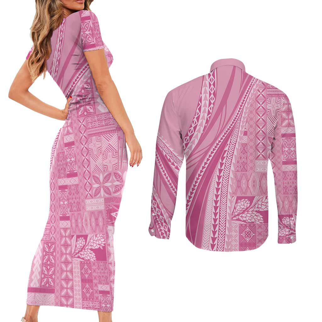 Pasifika Women's Day - Samoa Siapo Malu Tattoo Inspired Couples Matching Short Sleeve Bodycon Dress and Long Sleeve Button Shirt Pink LT7 - Polynesian Pride