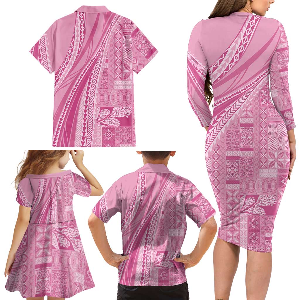 Pasifika Women's Day - Samoa Siapo Malu Tattoo Inspired Family Matching Long Sleeve Bodycon Dress and Hawaiian Shirt Pink
