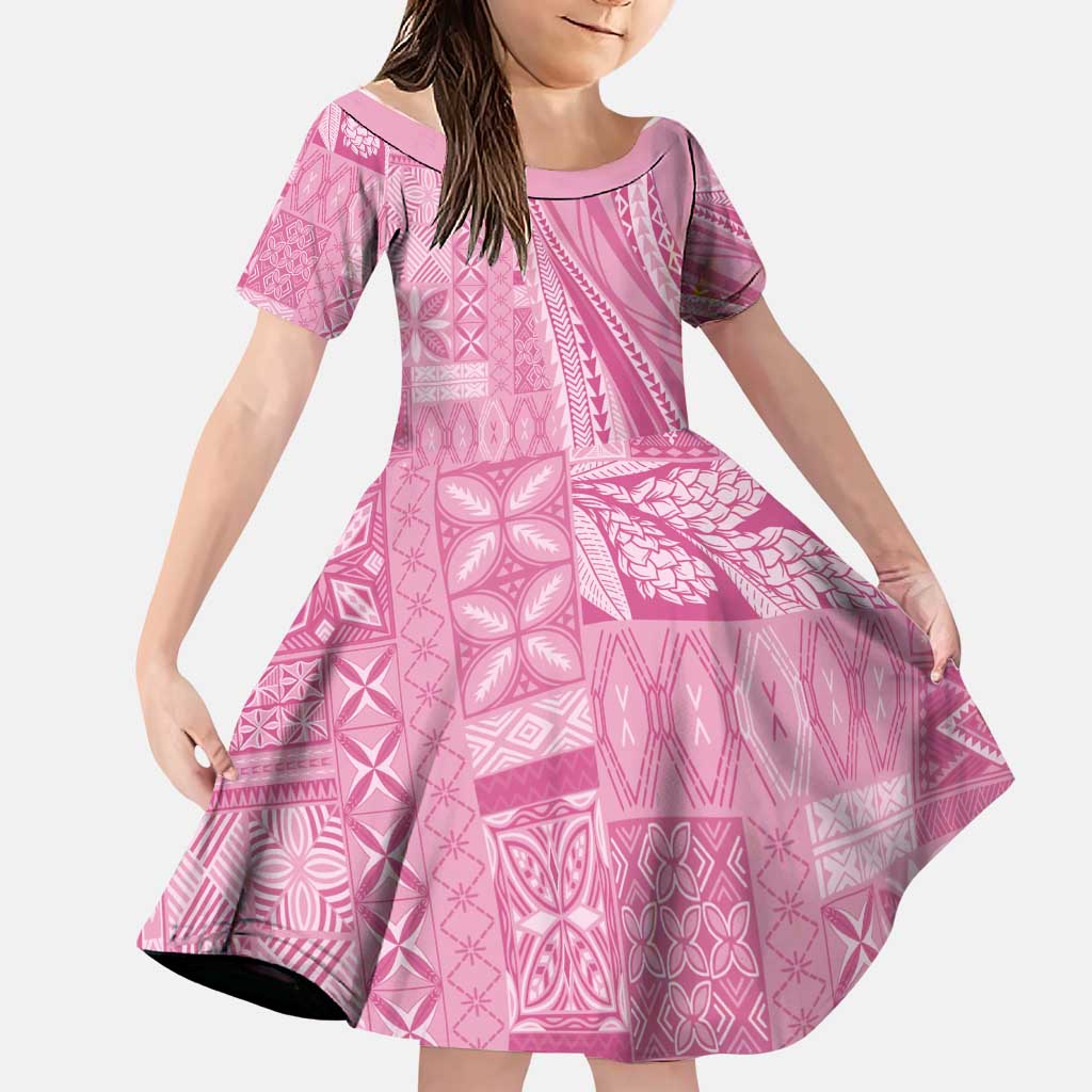 Pasifika Women's Day - Samoa Siapo Malu Tattoo Inspired Family Matching Mermaid Dress and Hawaiian Shirt Pink LT7 Daughter's Dress Pink - Polynesian Pride