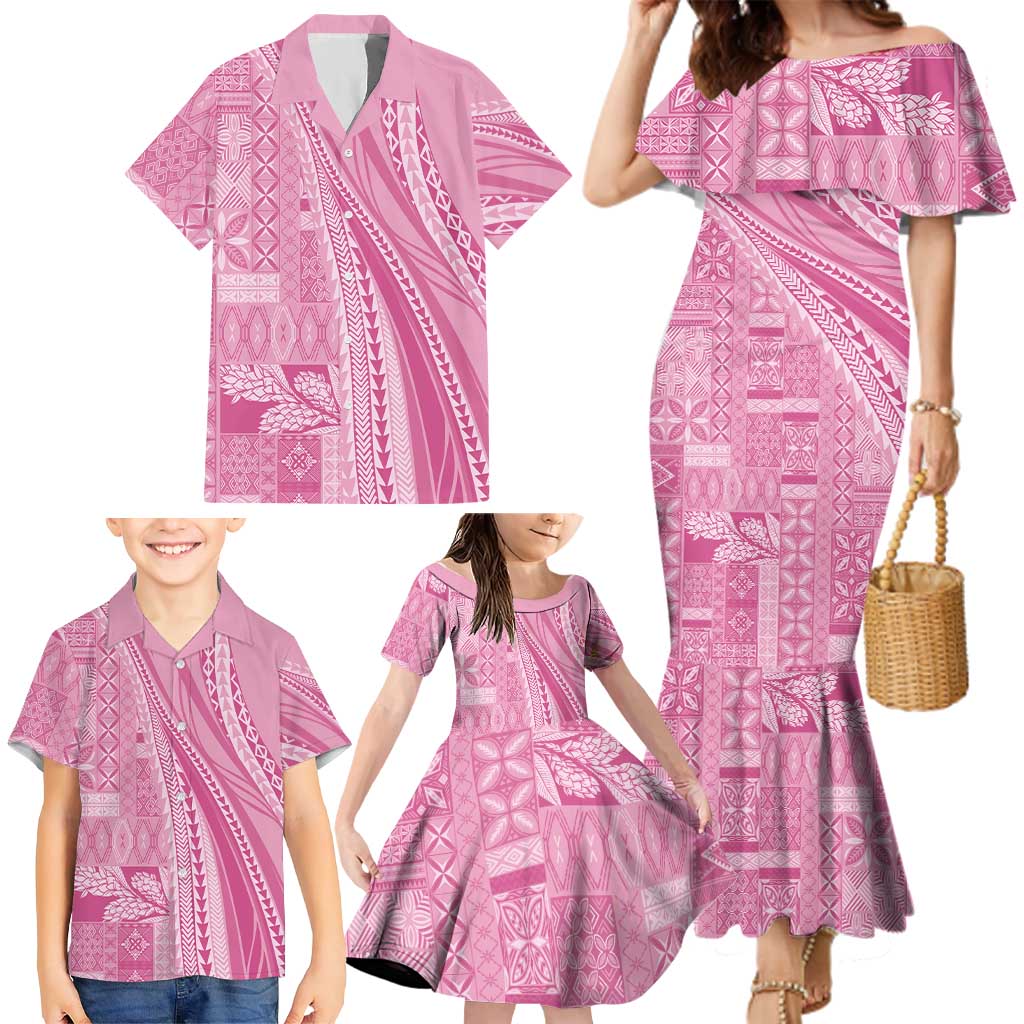 Pasifika Women's Day - Samoa Siapo Malu Tattoo Inspired Family Matching Mermaid Dress and Hawaiian Shirt Pink LT7 - Polynesian Pride