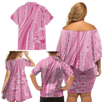 Pasifika Women's Day - Samoa Siapo Malu Tattoo Inspired Family Matching Off Shoulder Short Dress and Hawaiian Shirt Pink