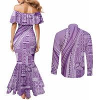 Pasifika Women's Day - Samoa Siapo Malu Tattoo Inspired Couples Matching Mermaid Dress and Long Sleeve Button Shirt Lavender LT7 - Polynesian Pride