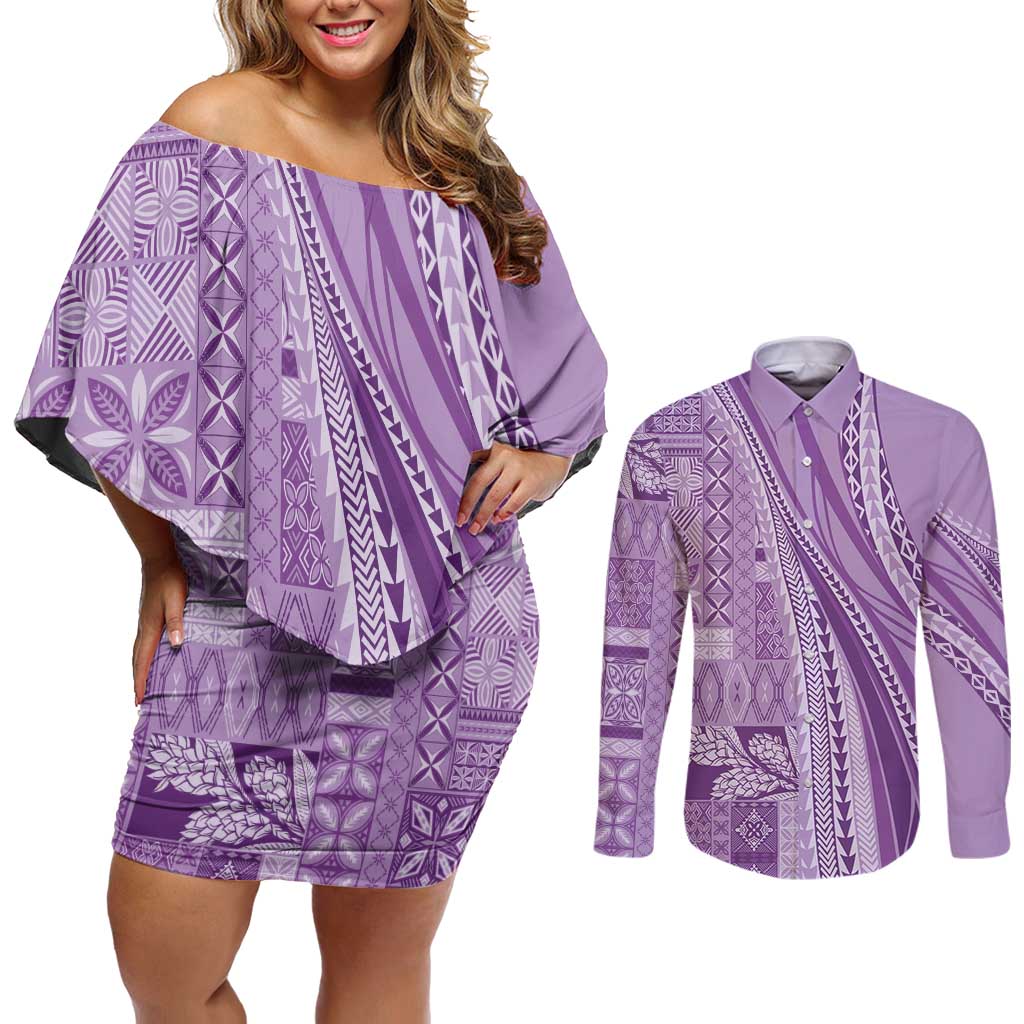 Pasifika Women's Day - Samoa Siapo Malu Tattoo Inspired Couples Matching Off Shoulder Short Dress and Long Sleeve Button Shirt Lavender