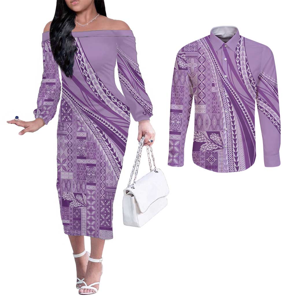 Pasifika Women's Day - Samoa Siapo Malu Tattoo Inspired Couples Matching Off The Shoulder Long Sleeve Dress and Long Sleeve Button Shirt Lavender LT7 Lavender - Polynesian Pride