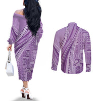 Pasifika Women's Day - Samoa Siapo Malu Tattoo Inspired Couples Matching Off The Shoulder Long Sleeve Dress and Long Sleeve Button Shirt Lavender LT7 - Polynesian Pride