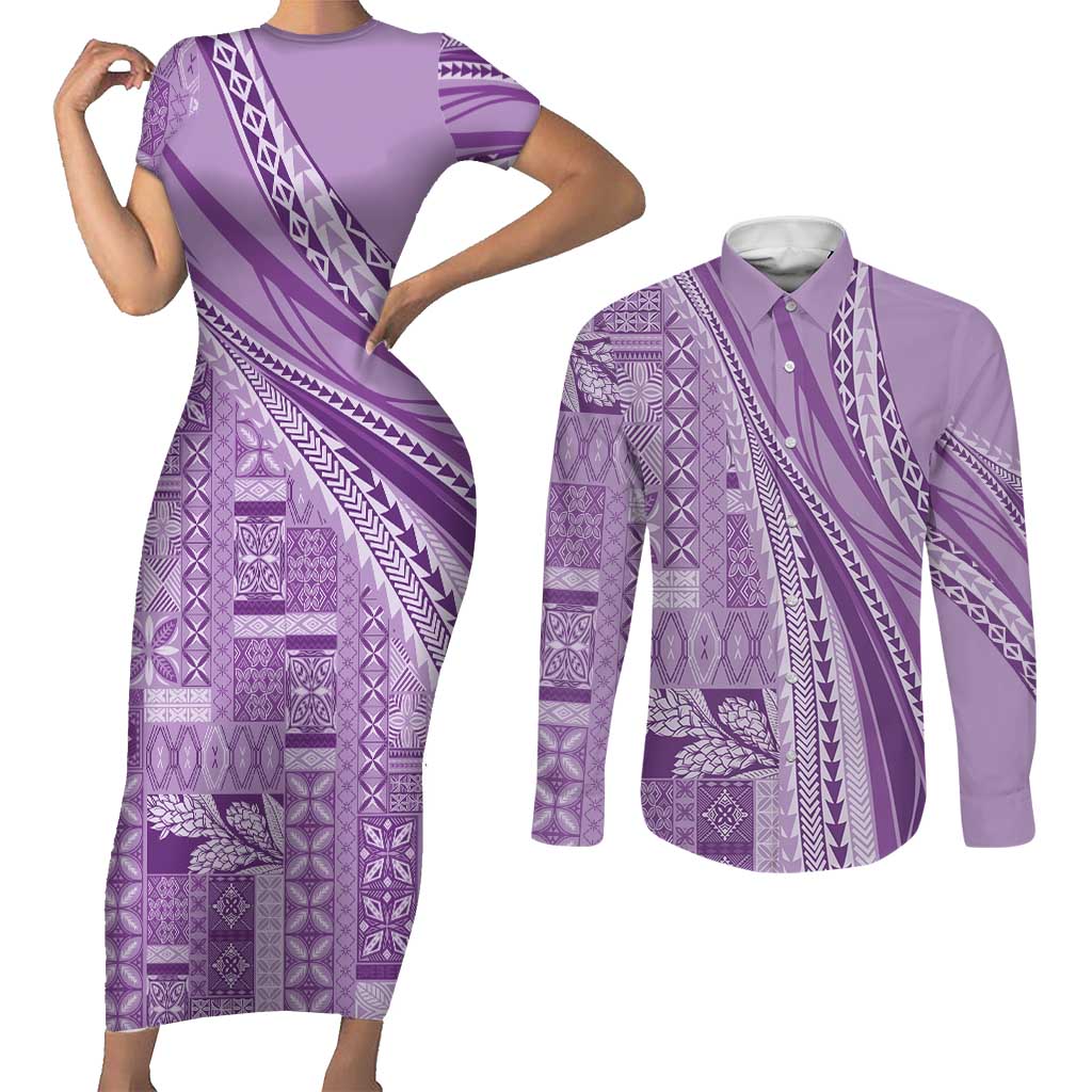Pasifika Women's Day - Samoa Siapo Malu Tattoo Inspired Couples Matching Short Sleeve Bodycon Dress and Long Sleeve Button Shirt Lavender LT7 Lavender - Polynesian Pride
