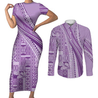 Pasifika Women's Day - Samoa Siapo Malu Tattoo Inspired Couples Matching Short Sleeve Bodycon Dress and Long Sleeve Button Shirt Lavender LT7 Lavender - Polynesian Pride