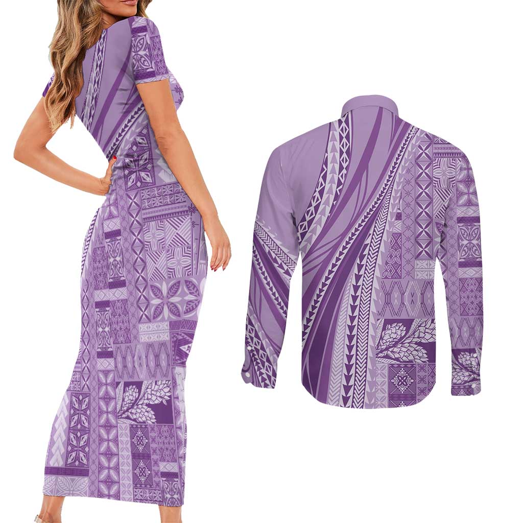 Pasifika Women's Day - Samoa Siapo Malu Tattoo Inspired Couples Matching Short Sleeve Bodycon Dress and Long Sleeve Button Shirt Lavender LT7 - Polynesian Pride
