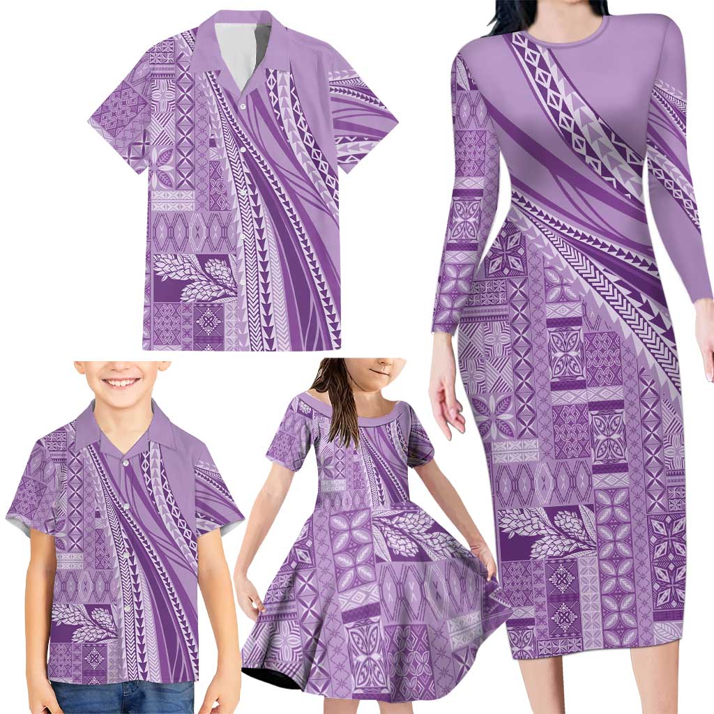 Pasifika Women's Day - Samoa Siapo Malu Tattoo Inspired Family Matching Long Sleeve Bodycon Dress and Hawaiian Shirt Lavender