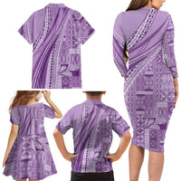 Pasifika Women's Day - Samoa Siapo Malu Tattoo Inspired Family Matching Long Sleeve Bodycon Dress and Hawaiian Shirt Lavender