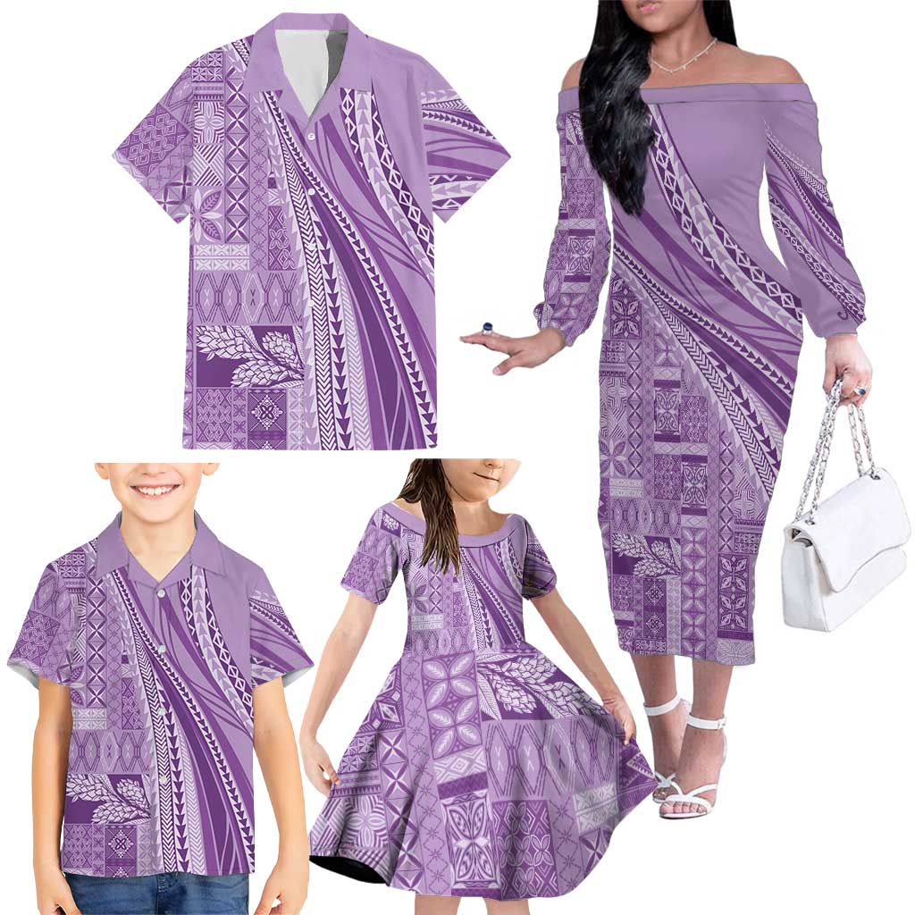 Pasifika Women's Day - Samoa Siapo Malu Tattoo Inspired Family Matching Off The Shoulder Long Sleeve Dress and Hawaiian Shirt Lavender