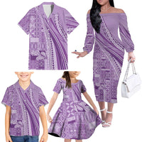 Pasifika Women's Day - Samoa Siapo Malu Tattoo Inspired Family Matching Off The Shoulder Long Sleeve Dress and Hawaiian Shirt Lavender