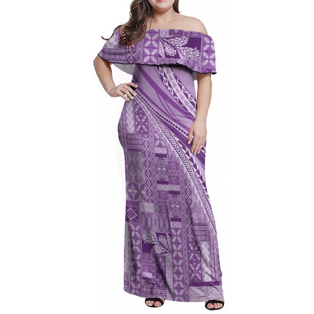 Pasifika Women's Day - Samoa Siapo Malu Tattoo Inspired Family Matching Off Shoulder Maxi Dress and Hawaiian Shirt Lavender