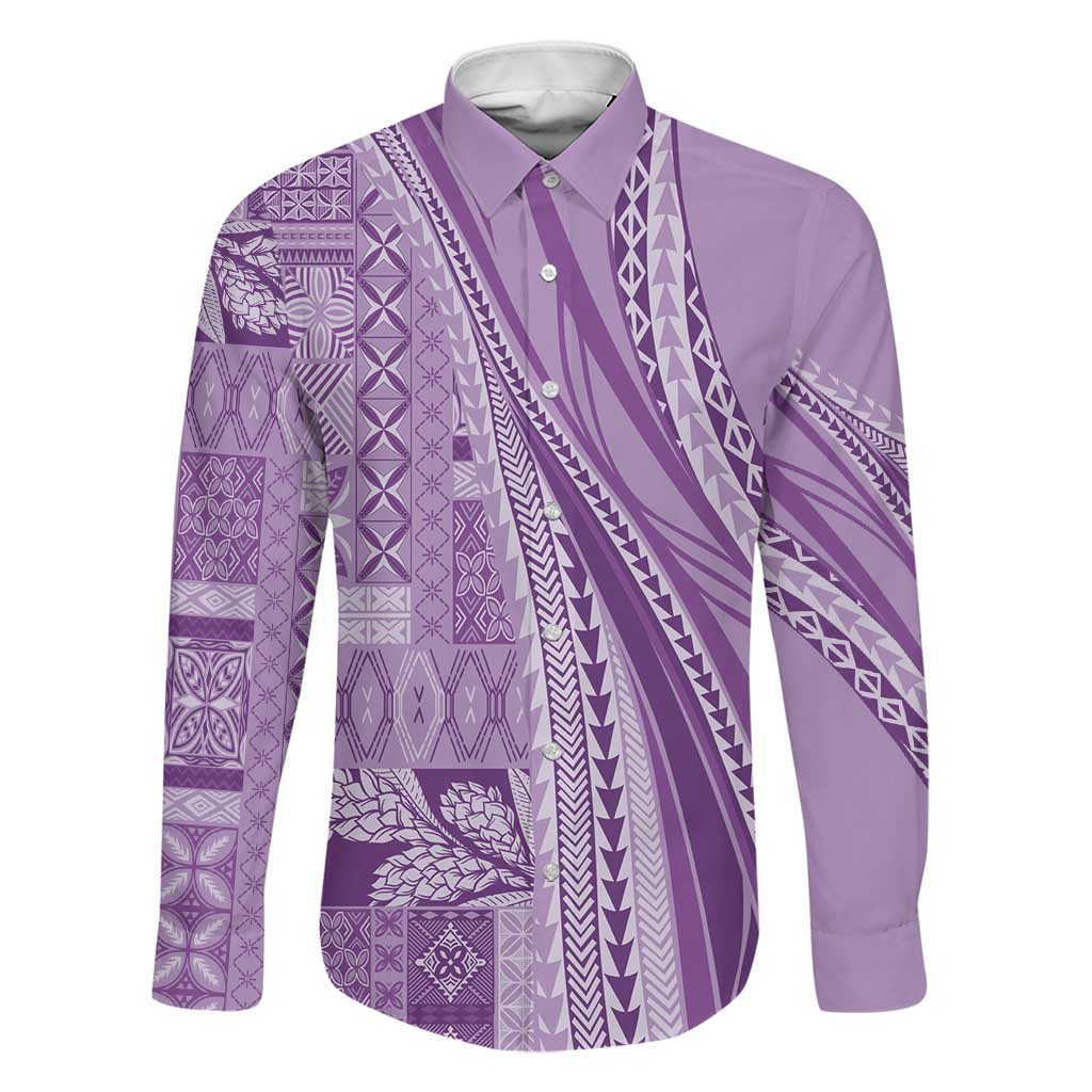 Pasifika Women's Day - Samoa Siapo Malu Tattoo Inspired Family Matching Tank Maxi Dress and Hawaiian Shirt Lavender LT7 Dad's Shirt - Long Sleeve Lavender - Polynesian Pride