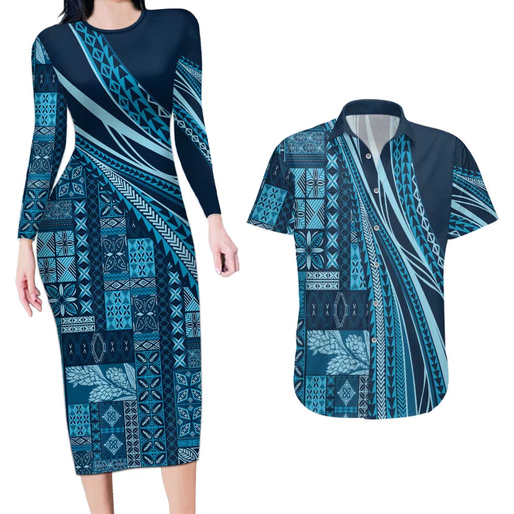 Pasifika Women's Day - Samoa Siapo Malu Tattoo Inspired Couples Matching Long Sleeve Bodycon Dress and Hawaiian Shirt Navy Blue