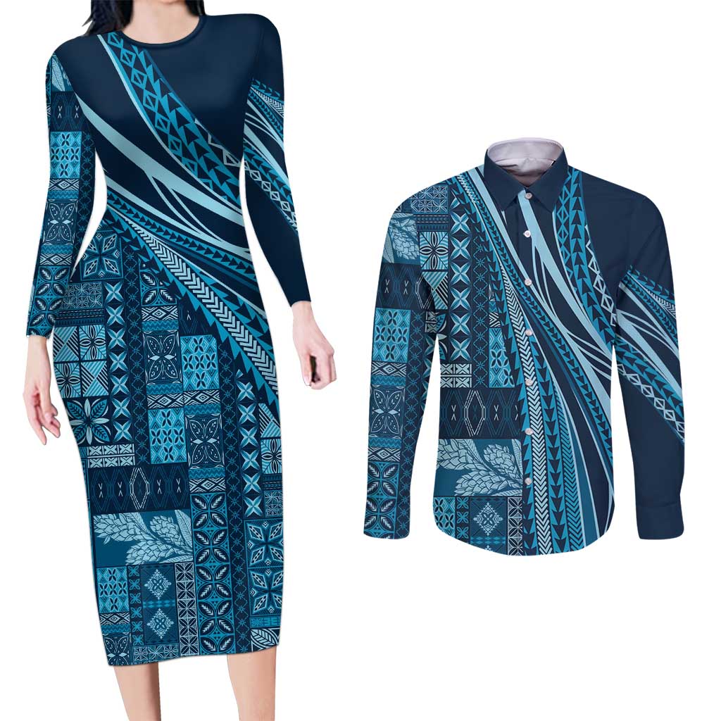 Pasifika Women's Day - Samoa Siapo Malu Tattoo Inspired Couples Matching Long Sleeve Bodycon Dress and Long Sleeve Button Shirt Navy Blue LT7 Navy Blue - Polynesian Pride