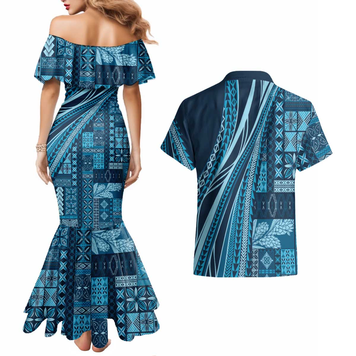Pasifika Women's Day - Samoa Siapo Malu Tattoo Inspired Couples Matching Mermaid Dress and Hawaiian Shirt Navy Blue LT7 - Polynesian Pride