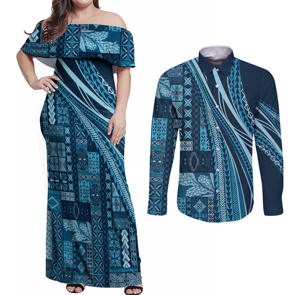Pasifika Women's Day - Samoa Siapo Malu Tattoo Inspired Couples Matching Off Shoulder Maxi Dress and Long Sleeve Button Shirt Navy Blue