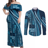 Pasifika Women's Day - Samoa Siapo Malu Tattoo Inspired Couples Matching Off Shoulder Maxi Dress and Long Sleeve Button Shirt Navy Blue