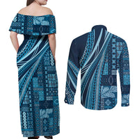 Pasifika Women's Day - Samoa Siapo Malu Tattoo Inspired Couples Matching Off Shoulder Maxi Dress and Long Sleeve Button Shirt Navy Blue