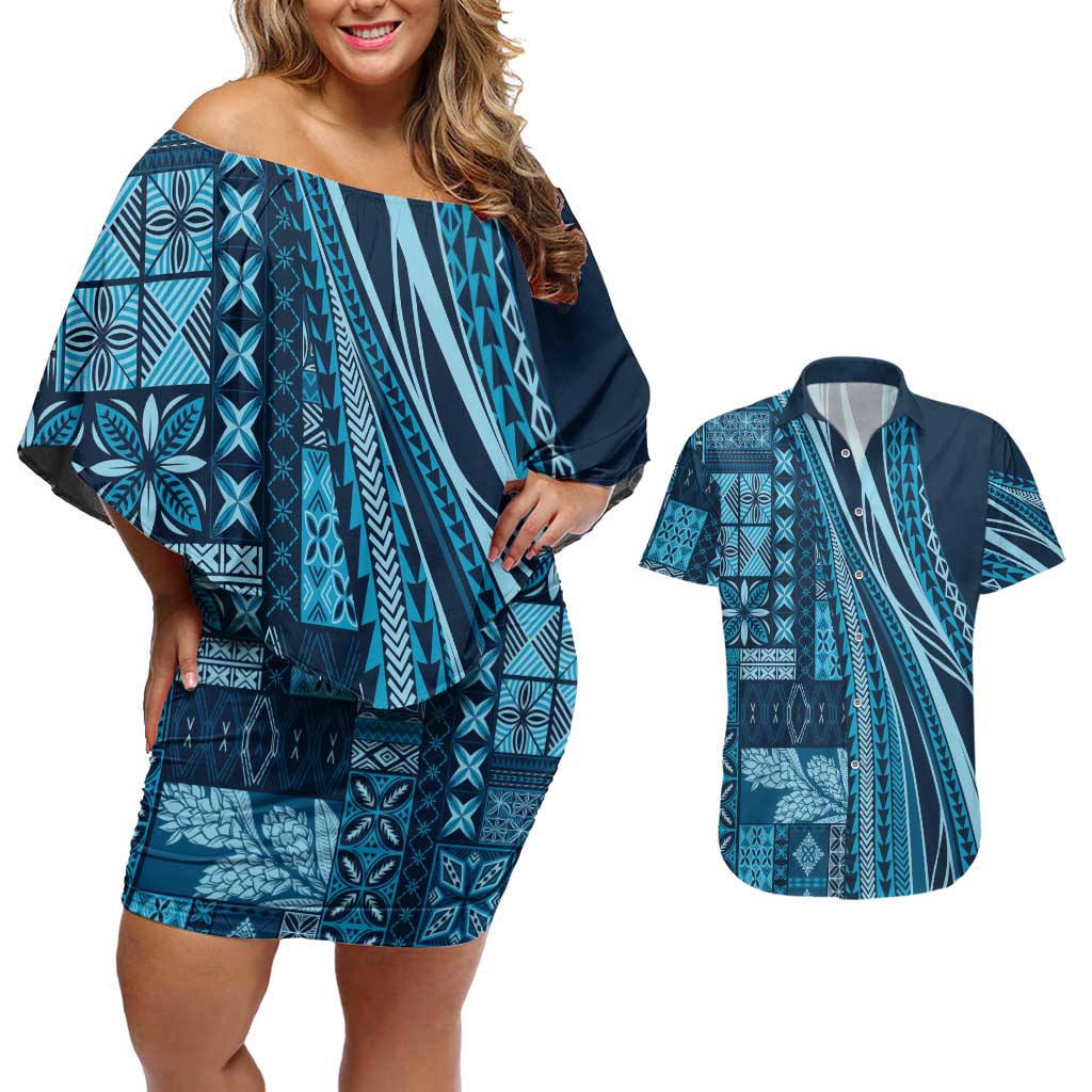 Pasifika Women's Day - Samoa Siapo Malu Tattoo Inspired Couples Matching Off Shoulder Short Dress and Hawaiian Shirt Navy Blue LT7 Navy Blue - Polynesian Pride