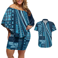 Pasifika Women's Day - Samoa Siapo Malu Tattoo Inspired Couples Matching Off Shoulder Short Dress and Hawaiian Shirt Navy Blue LT7 Navy Blue - Polynesian Pride