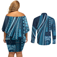 Pasifika Women's Day - Samoa Siapo Malu Tattoo Inspired Couples Matching Off Shoulder Short Dress and Long Sleeve Button Shirt Navy Blue